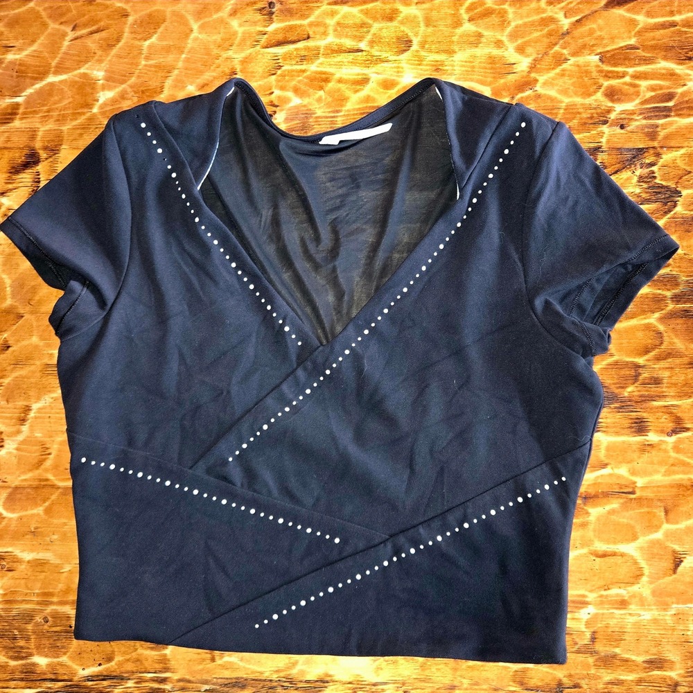 Athleta Womens Small Black Wrap Front Mesh Back Studded Crop Top Short Sleeve